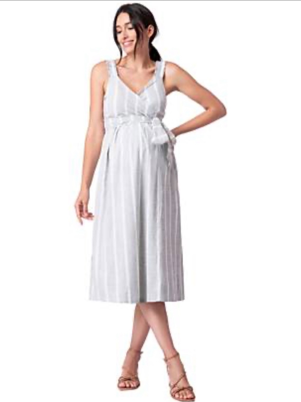Seraphine Light Gray and White Striped Maternity Midi Dress